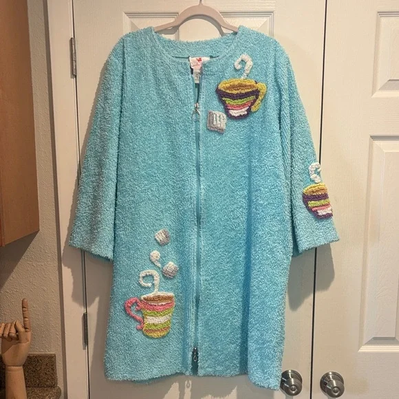Quacker Factory Chenille Coffee Themed Zip Front Housecoat - Extra Large - Picture 1 of 9
